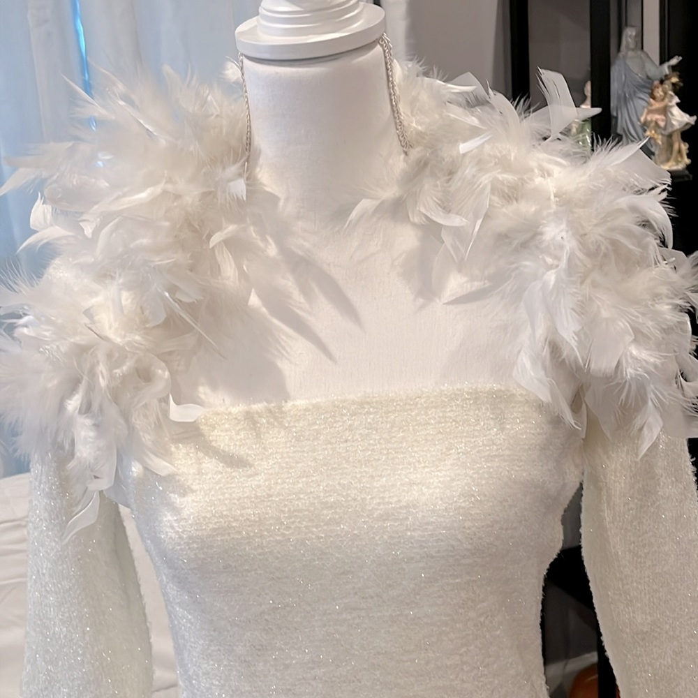 Carabella shimmering strapless dress & feather shrug. Large. Holiday dress